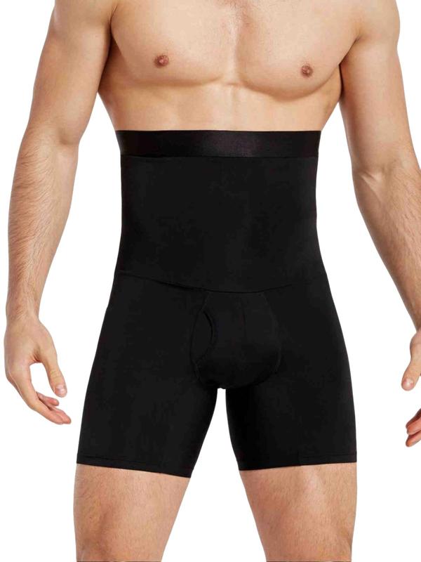 Plus Size High Elasticity Body Shaper, Smooth Belly, Lift Hip, Comfortable High Waist Tight Pants, Men's Polyester Knit Fabric, Solid Color