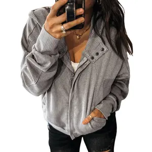 NewWomen’s Gray Waffle Ribbed Texture Splicing Zip Up Front Buttoned Hooded Jacket With Pockets