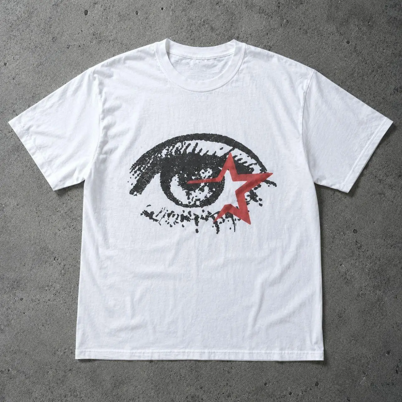Y2K Eye & Red Star Graphic T-Shirt - Vintage Grunge Sketch Graphic Tee, Cyber Streetwear White Unisex Short Sleeve Top