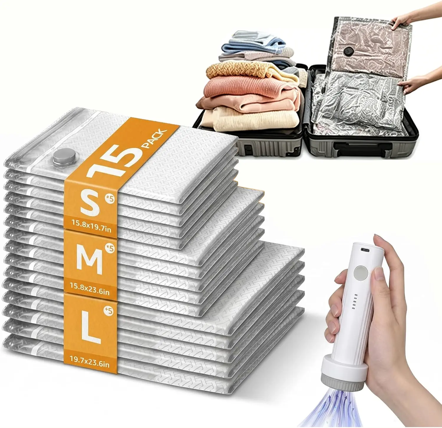 【2026 Upgraded】Cordless Travel Vacuum Bag Set - 9/15-Pack Compression Bag for Carry-On Suitcases - USB Rechargeable Handheld Pump with Built In Battery - Space Saver for Clothes & Packing - dorm essentials - waterproof,reusable