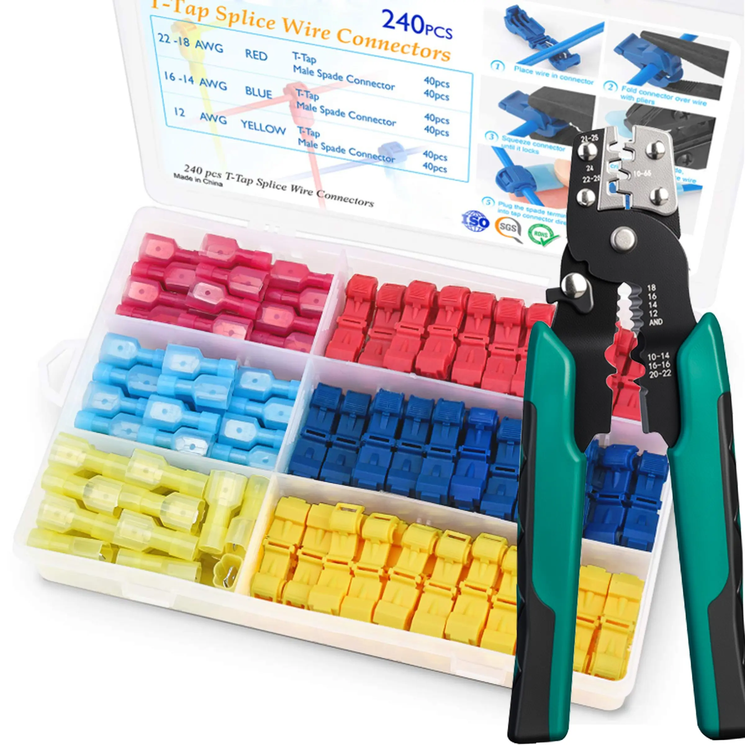 240Pcs T-Tap Wire Connectors+Crimping pliers, T Wire Quick Splice Connector, T Connectors for Wiring with Storage Case (240Pcs), Durable Reliable Connectors, Universal Connector, Wiring Connectors Kit