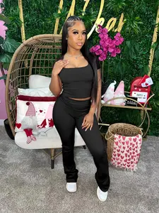 USBoutiqueCHIC Women's Casual Ribbed Crop Top & Joggers Set| 250GSM Lounge Two-Piece| Comfort Outfit for Home & Leisure