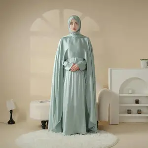 3-Piece Luxury Satin Wedding Cape Jewel Neck Cloak Bridal Abaya Set (MOA044) - Eid Ramadan Traditional Evening Formal Dress Matching Hijab abayafashion modest abaya nikahdress muslimah abaya dubai abaya modestfashion abayagirls muslimah dress  umrah elega