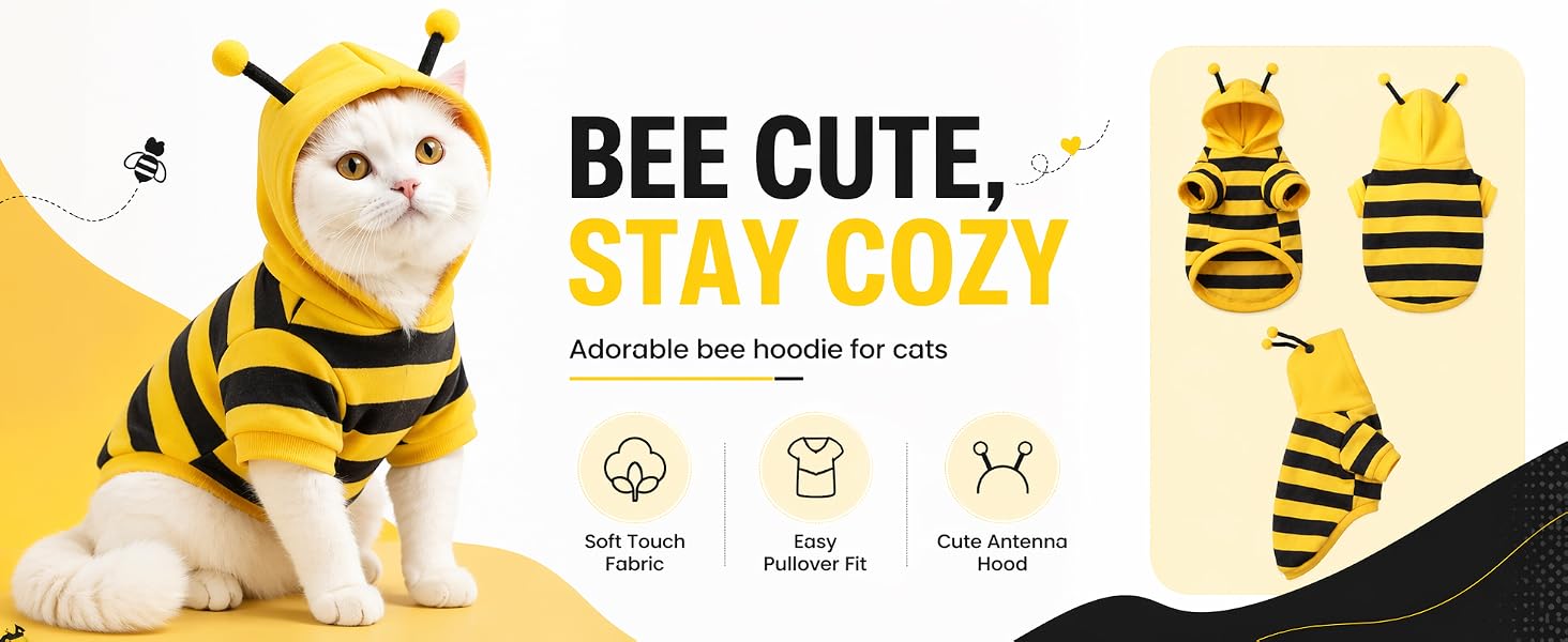Halloween Cat Bee Costume for Cats & Small Dogs, Bumble Bee Pet Costume, Soft Fleece Hoodie with Antennae, Funny Pet Halloween Costume, Puppy & Kitten Outfit, Pet Photo Prop