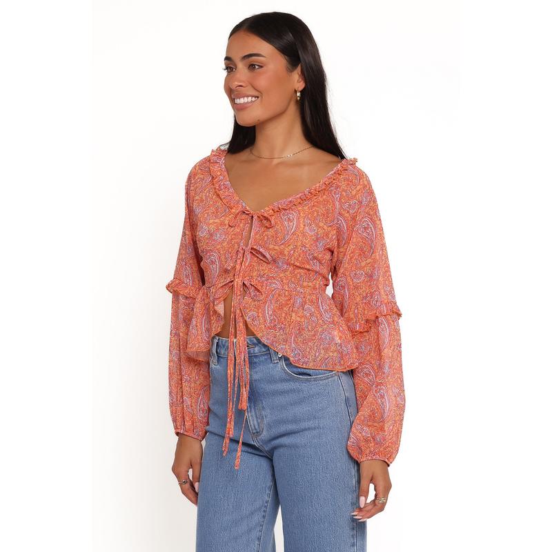 Isolt Tie Front Top - Orange Paisley
