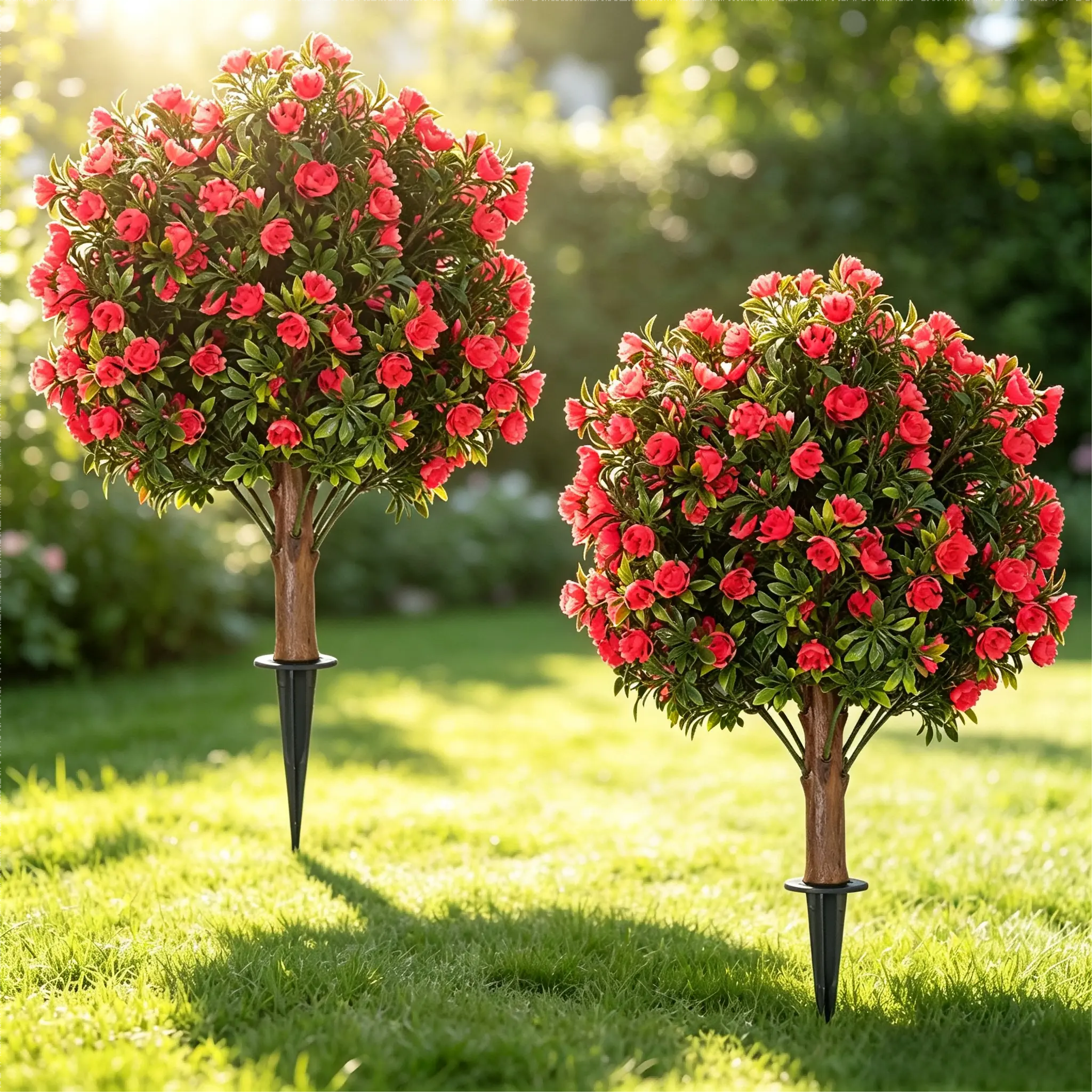 24"Artificial Rose Topiary Trees – Lifelike Red Faux Roses for Outdoors, Set of 2 with Ground Stakes, Perfect Elegant Flowers Filler for Patio & Garden, Durable UV-Resistant Rose Bush Decor