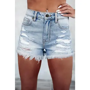 Light Blue Distressed Ripped High Waist Denim Shorts