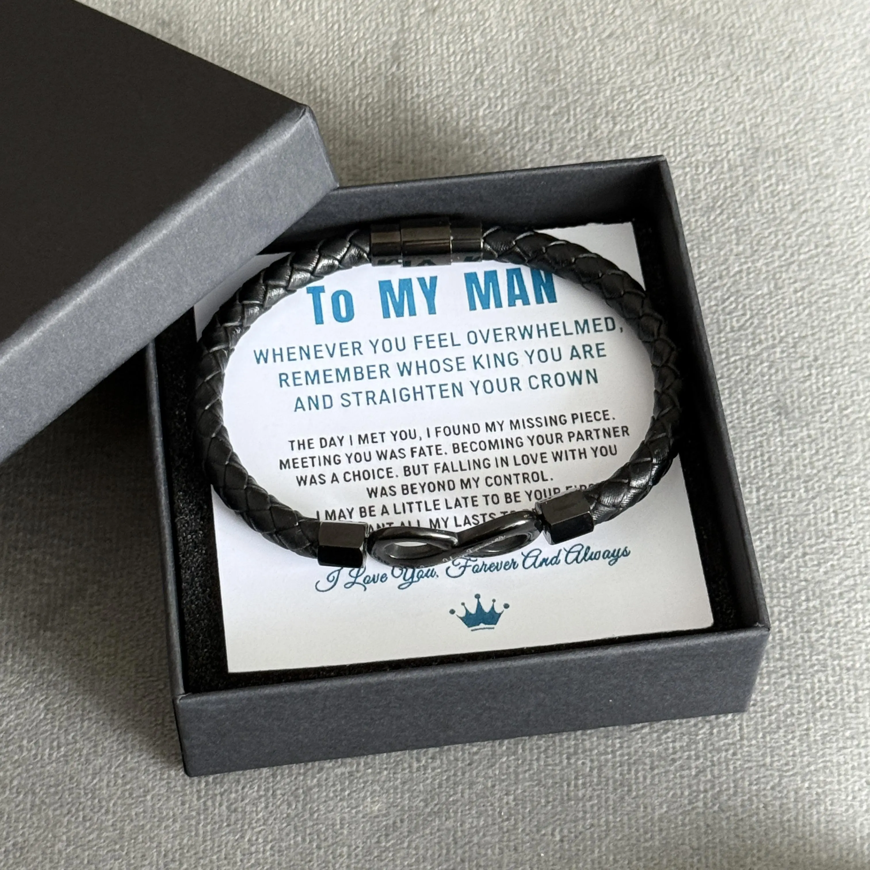 To My Man Bracelet Gift for Him, Black Braided Infinity Bracelet with Love You Forever Engraving, Romantic Gift for Husband Boyfriend Fiancé, Anniversary Birthday Valentine’s Day Gift