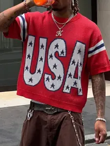 New Vintage American Style Usa Star Print Short Sleeve Knit Top, Loose Fit Striped Cuffs, Casual Streetwear for Summer Outdoor School Gym