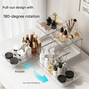 2Pack Double Pull Out Cosmetic Organizer, Dual Tier Rotating Design (180°), Ideal For Kitchens, Bathrooms, And Sink Areas; Perfect For Storing Cosmetics, Seasonings, And Cleaning Supplies