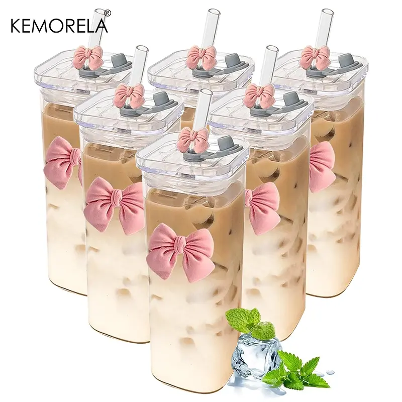 Bow Decor Aesthetic Glass Cup, 1/2 Counts Glass Cup with Straw & Lid, High Borosilicate Material Drinking Cup for Home Office, Portable Drinkware, Reusable