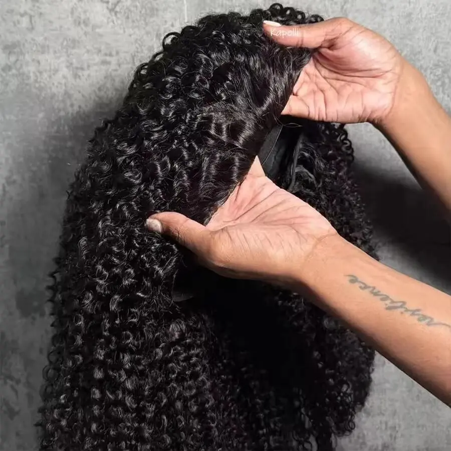[Half Wig]Bling Hair 3 In 1 Half Wigs Human Hair 180 Density Kinky Curly Half Wig Virgin Hair Seamless Flip Over Deep Curly Human Hair Drawstring Glueless Wig For Women