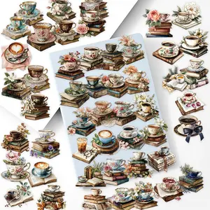 50 Book and Coffee Transparent PET Stickers - Waterproof Decorative DIY Stickers for Suitcases, Phone Cases, Cellphone, Laptops, Helmets, Skateboards