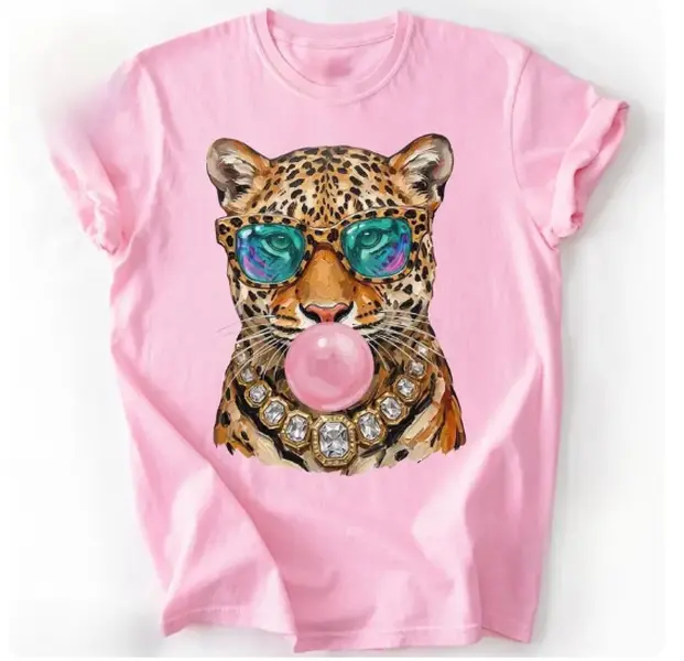 Women's Short-Sleeve Round Neck Casual T-Shirt - Trendy Leopard Big Cat Graphic, Bubblegum Sunglasses Design, Comfortable Fabric