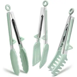 Kitchen Tongs for Cooking, 9 Inch Small Silicone Tongs, Food Grade Mini Serving Tongs with Silicone Tips, Set of 3, Green