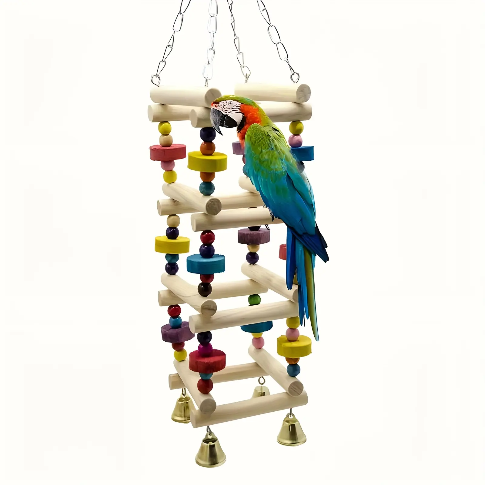 Safe & Natural Wooden Bird Interactive Climb & Chew Toy 2-Pack - Multifunctional Parrot Climb Gym with Colorful Bell Toy, Colorful Bite Blocks, Cage Standing Playground for Parakeets, Supports Beak Health