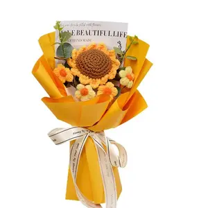 Handmade Knitted Crochet Flower Bouquet 1 Bunch Cute Artificial Flowers Room Decor Gift for Her Weddings Anniversaries Valentine’s Day Birthday Mother’s Day Thanksgiving