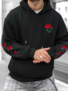 Men's High Street Trend Fitted Streetwear Graphic Hoodie, Floral Rose Print, Autumn Winter Casual Long Sleeve Hooded Pullover Sweatshirt, Warm Knit Comfortable Daily Wear