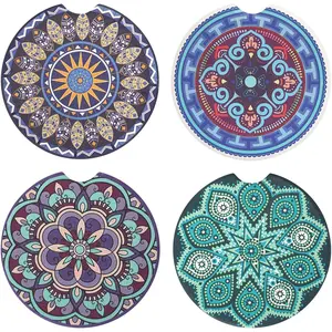 4 Pack 2.56" Car Coasters for Drinks Absorbent, Mandala Ceramic Cup Holder Coaster for Your Car with Fingertip Grip, Removable Cute Auto Accessories, Keep Vehicle Clean for Women & Girls