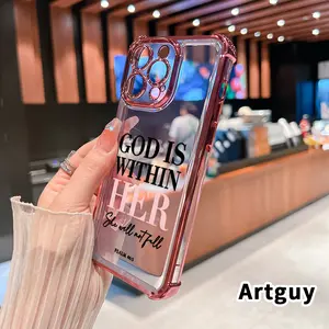 Electroplated Four Corner Anti-Fall God is Within Her Pattern Phone Case for iPhone 16 Pro Max 15 Plus 14 13 12 11 E Shockproof Transparent Protective Cover
