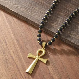Ankh Cross Guardian Beaded Long Adjustable Necklace for Him Her Mom - Gold Ankh Pendant Black Beads Christmas Thanksgiving Gifts  attract wealth