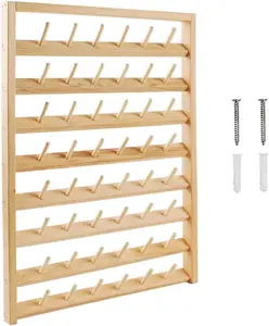 48 Spools Wooden Thread Holder Sewing and Embroidery Thread Organizer Rack with Hanging Hooks for Wall