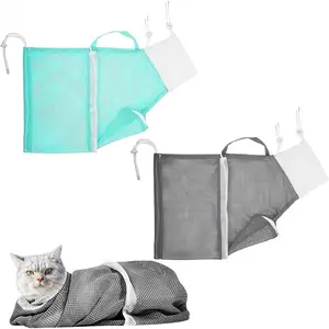 2-in-1 Cat Bathing and Grooming Net Bag - Adjustable, Breathable for Cat Restraint and Injection, Medicine Taking (Green, Grey)