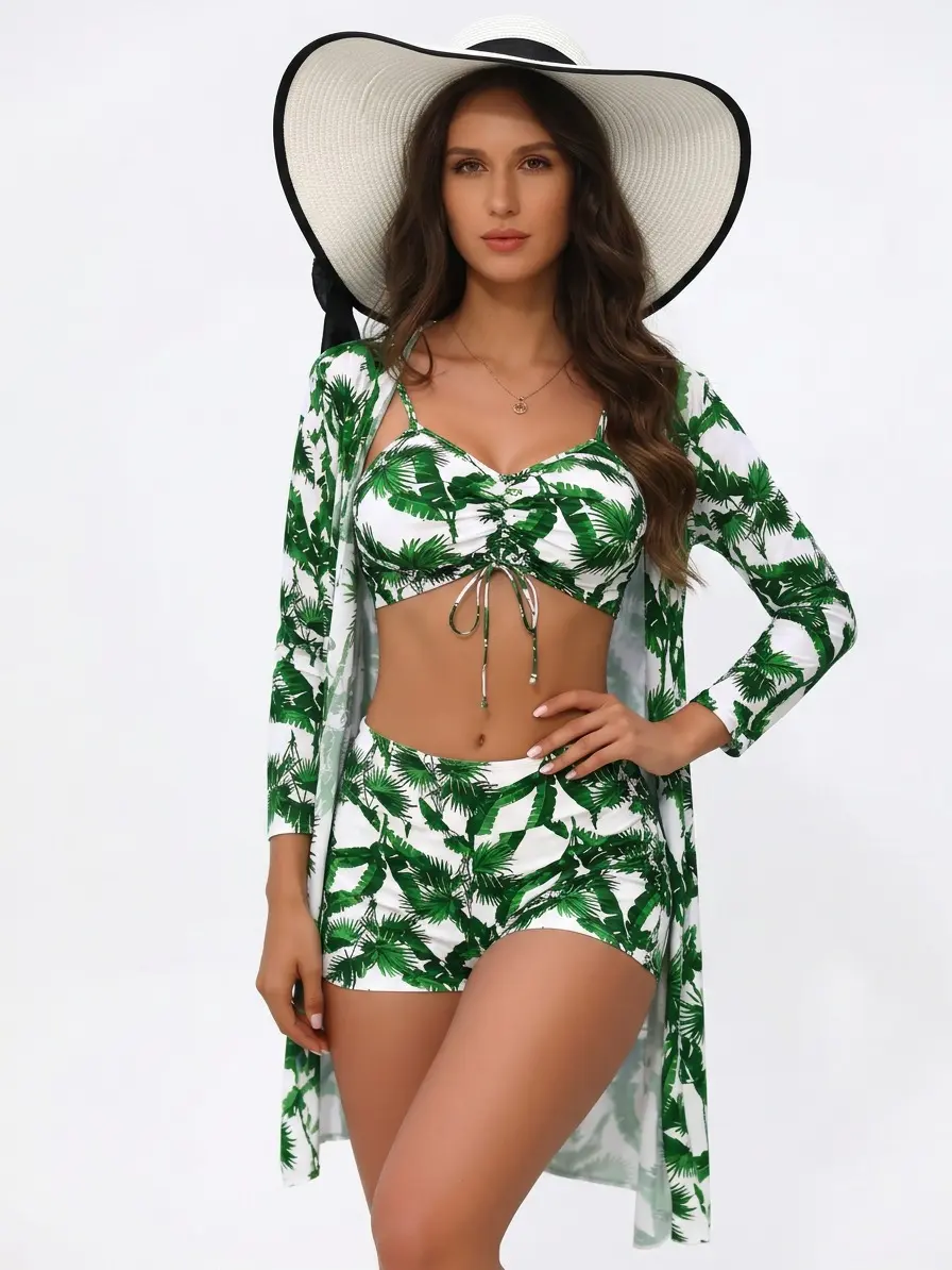 Women 3-Piece   Slim Fitting Swimsuit, Tropical Palm Leaf Bathing Suit Set, Front Drawstring Crop Bikini Top, High Waisted Swim Shorts, Long Sleeve Open Front Beach Kimono Cover Up, Summer Pool Cruise Matching Swim Outfit