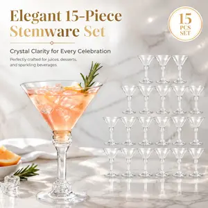 15PCS Clear Plastic Martini Glasses, Disposable & Reusable Shatterproof Cocktail Cups, Elegant Stemmed Goblets for Parties, Weddings & Home Bars, Drinking Cups