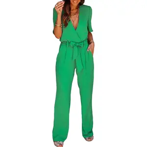 Bright Green Wrap V Neck Belted Elegant Jumpsuit Fit Womenswear Adjustable Bottoms Elegance Hip