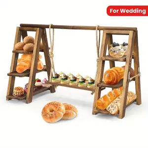 Wooden Double Dessert Table Display Set Rack 3 Tier Serving Tray Solid Wood Ladder Stand Wedding Cupcake Stand Dark Walnut Decorative Tray for Cake Snack Fruit Chips Bread Centerpieces