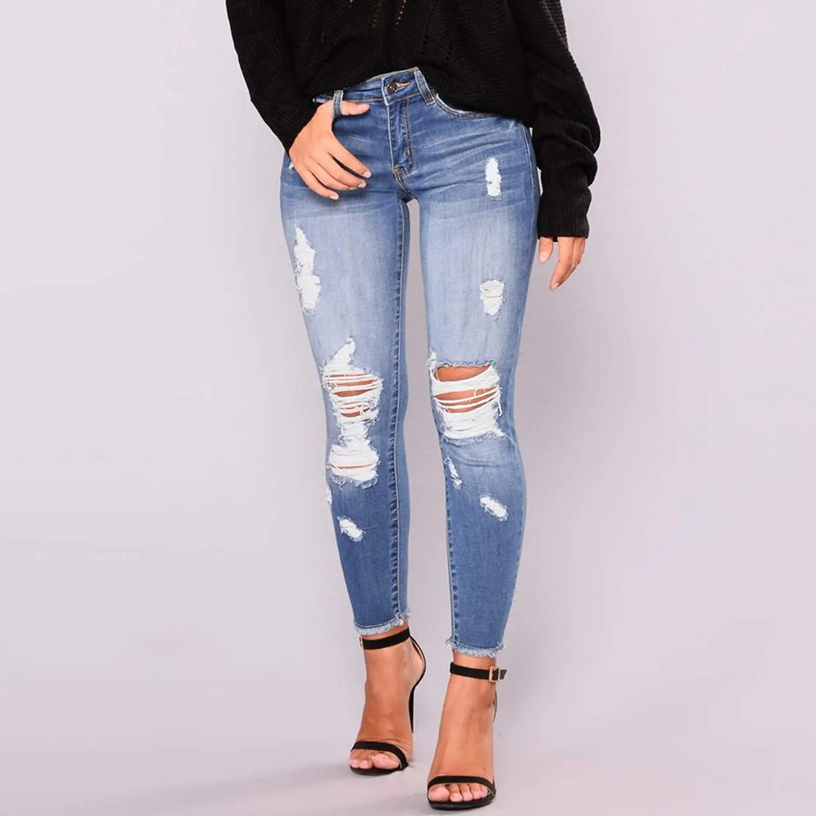 Women's Stretchy Ripped Hole Slim Jeans Butt Lifting Distressed Denim Pants With Pockets Elastic Vintage Streetwear Polyester Spandex Material Mid Waist Full Length Baggy Style Summer Wear