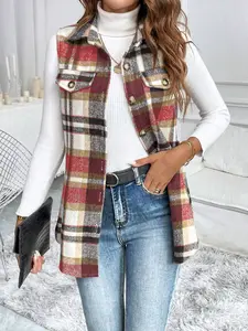 Women's Plaid Collar Vest Jacket, Casual Fashion Design, Perfect for Daily Wear, Stylish and Comfortable, Ideal for Everyday Use, Casual Comfy Vests