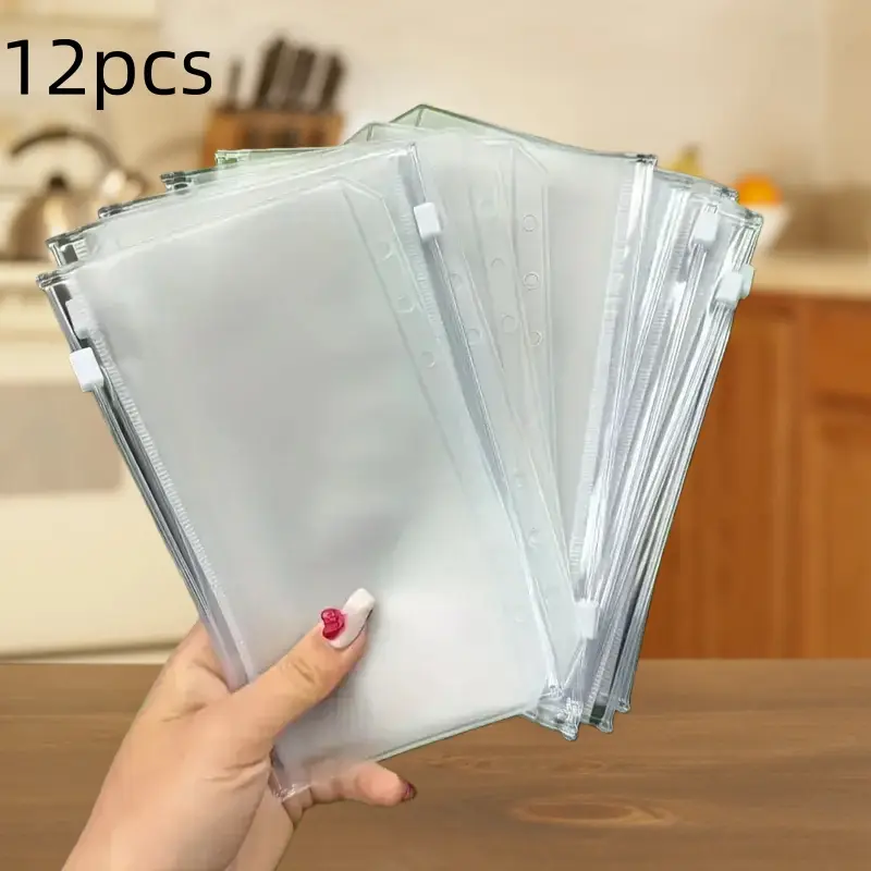 12 Piece A5 A6 A7 Ring Binder Storage Binder Zipper File Folders, Monthly Bill Organizer, Waterproof PVC Leaf Document Archival Bags for 6-Ring Notebooks, Office Accessories