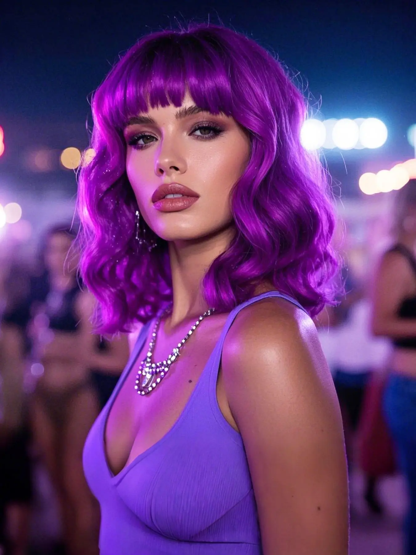 12 Inch Purple Short Bob Wavy Wigs for Women, Gorgeous Fluffy Wigs with Bangs, Synthetic Full Machine Wigs for Party, Daily Use, Machine Made Wigs