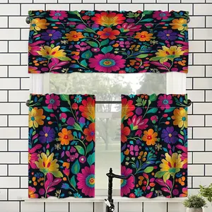 SoftHaven Home Made in USA 1-2 Piece Modern Mexican Semi-Sheer Polyester Kitchen Curtains, Vibrant Floral Folk Art Print on Black Background, Cordless Pet-Safe Easy-Care Window Drapes for Kitchen, Living Room