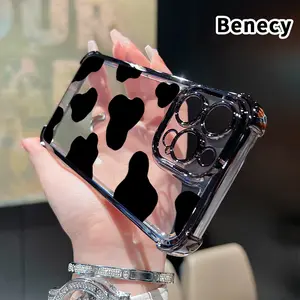 Electroplated Four Corner Anti-Fall Cow Print Pattern Phone Case for iPhone 16 Pro Max 15 Plus 14 13 12 11 E Shockproof Transparent Protective Cover