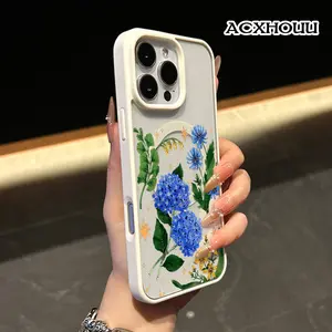 Blue Hydrangea Floral Illustration Pattern Magnetic Phone Case for iPhone 16 15 14 Pro Max 13 12 11 XR XS Plus Anti-Yellowing Shockproof Lightweight Transparent Acrylic Soft Cover Supports Wireless Charging