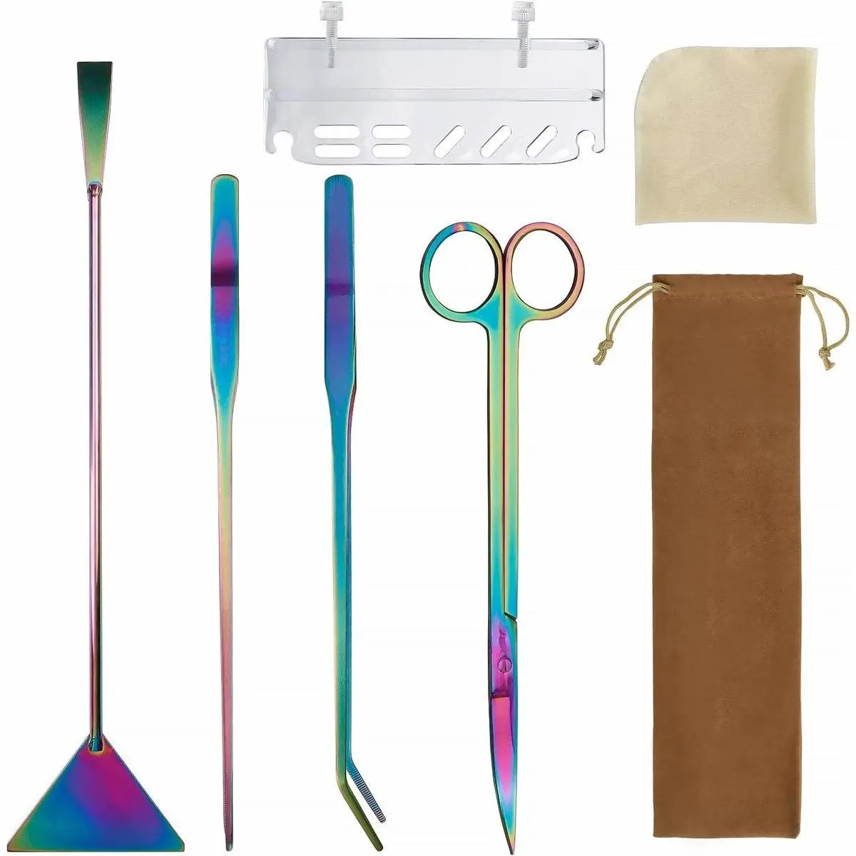 6-in-1 Long Aquarium Aquascaping Tools Kit, Color Stainless Steel Premium Aquatic Plant Tweezers Scissors Spatula Kit Comes with 1 Tool Holder and 1 Cleaning Cloth, for Fish Tank Starters