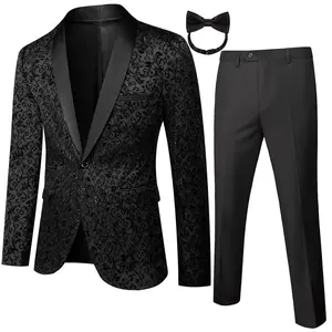 Men's Two-Piece Floral Jacquard Dress Suit Set: Single Button Printed Dinner Jacket and Matching Trousers Black