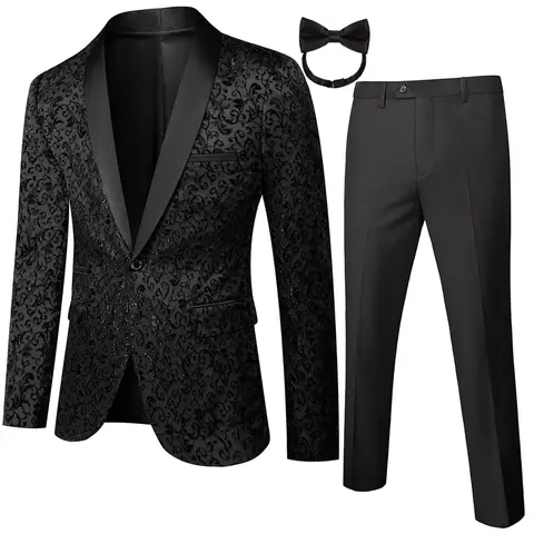 Men's Top 2-Piece Floral Jacquard Suit Set - One-Button Dinner Jacket, Black Trousers, Party Wear,  Elegant Shawl Collar Blazer Set for Weddings, Proms