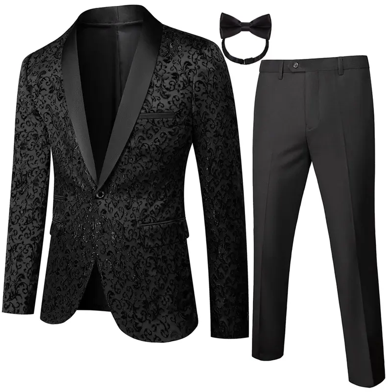 Men's Top 2-Piece Floral Jacquard Suit Set - One-Button Dinner Jacket, Black Trousers, Party Wear, Elegant Shawl Collar Blazer Set for Weddings, Proms
