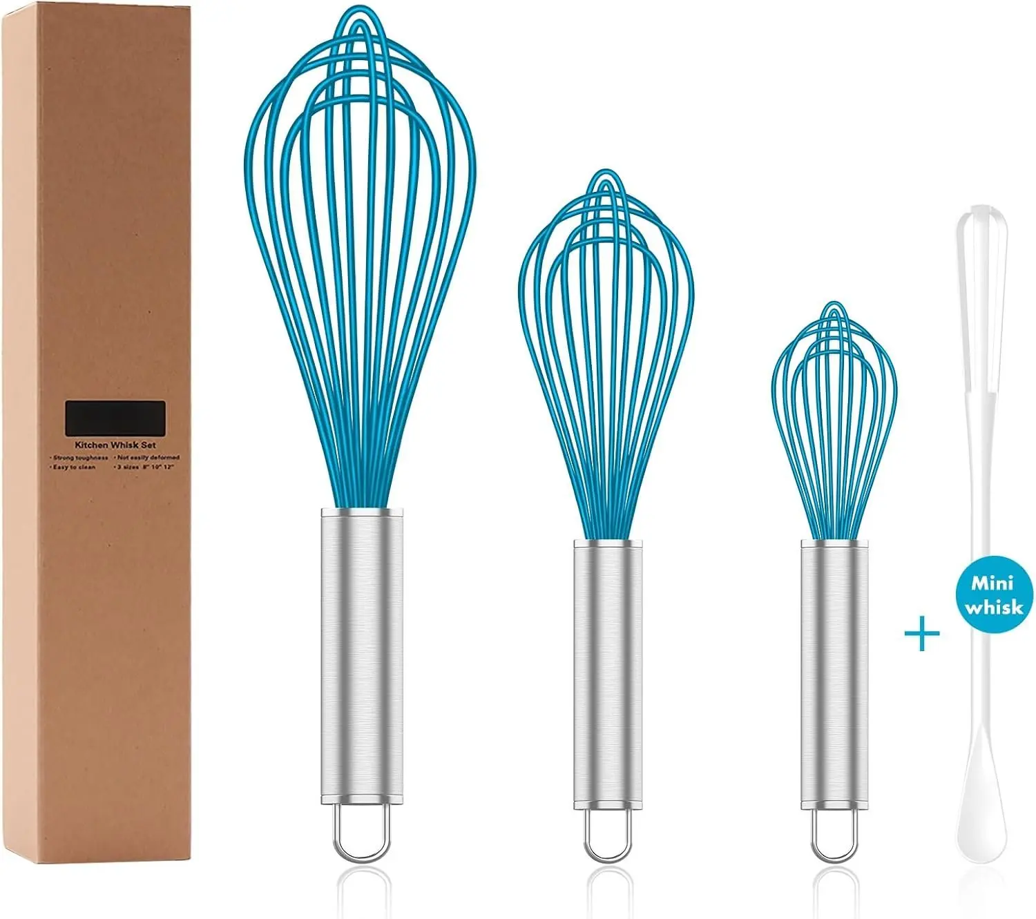 Whisk,Heat Resistant 480F Whisks For Cooking Non Scratch,Stainless Steel wired wisk,Plastic Rubber Whisk Tool For Nonstick Cookware Pans,Silicon Wisks Set of 4,Blue