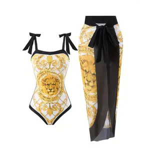 Swimsuit For Women 2 Piece - Gold Lion Print Bathing Suit With Cover Up; Sleeveless Swimwear Set; Stylish Beach Swimsuits For Teens And Adults; Summer Vacation Outfits