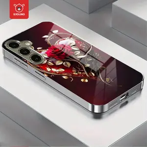 Gold Rose Heart Pattern Electroplated Glass Phone Case for Samsung S25-S20, Note20-Note10, a Series, Anti-Dirt, Fashionable Design