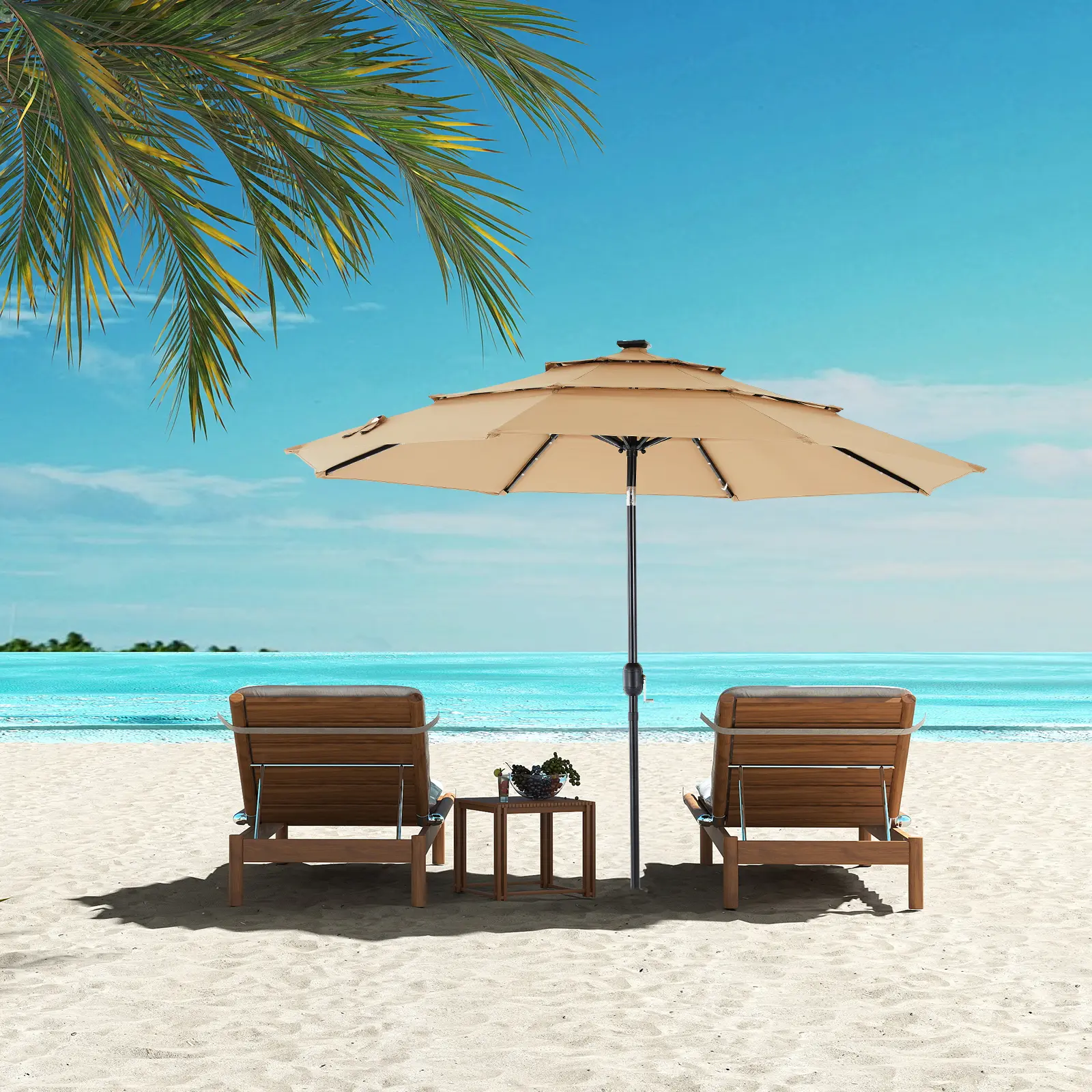 10ft Solar Patio Umbrella with 32 LED Lights UPF50+ UV Protection Push Button Tilt Crank for Pool Deck Garden 3-Tier Vented Top Outdoor Market Table Umbrella, Solar Patio Umbrella Parasol Stands & Bases, Solar Outdoor Lighting