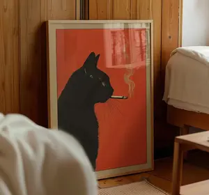 Black Cat Smoking a Cigarette Vintage Poster Art Retro Whimsical Print Funny Animal Wall Decor Poster for Bar Cart Quirky Kitchen Wall Art