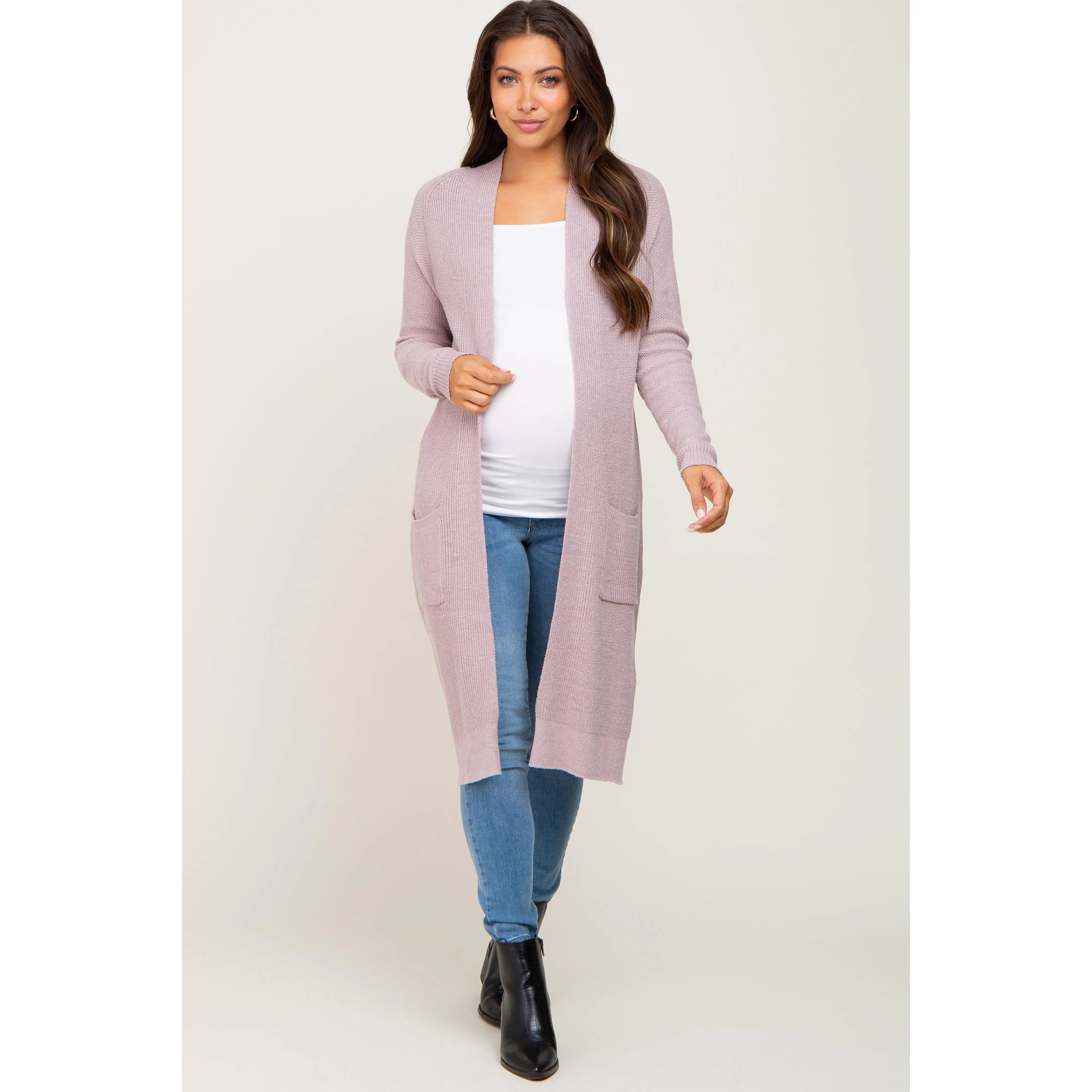 Mauve Open Front Long Maternity Cardigan