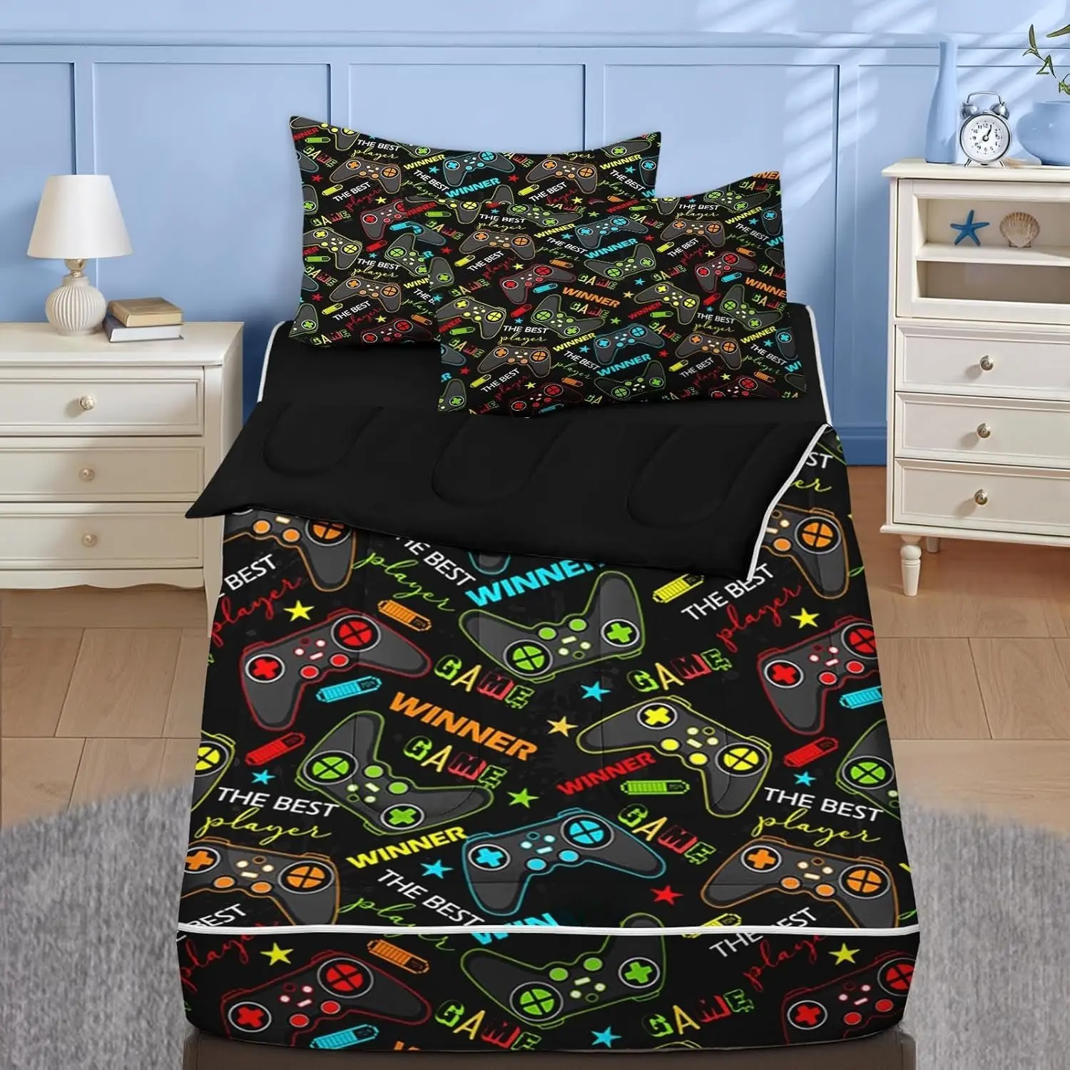 Zipper Bedding Full Colorful Gamepad Zip Up Bedding Set for Boys and , Gaming Players 3 count Comforter Bed in a Bag with Fitted Sheet and 2 count Pillowcases