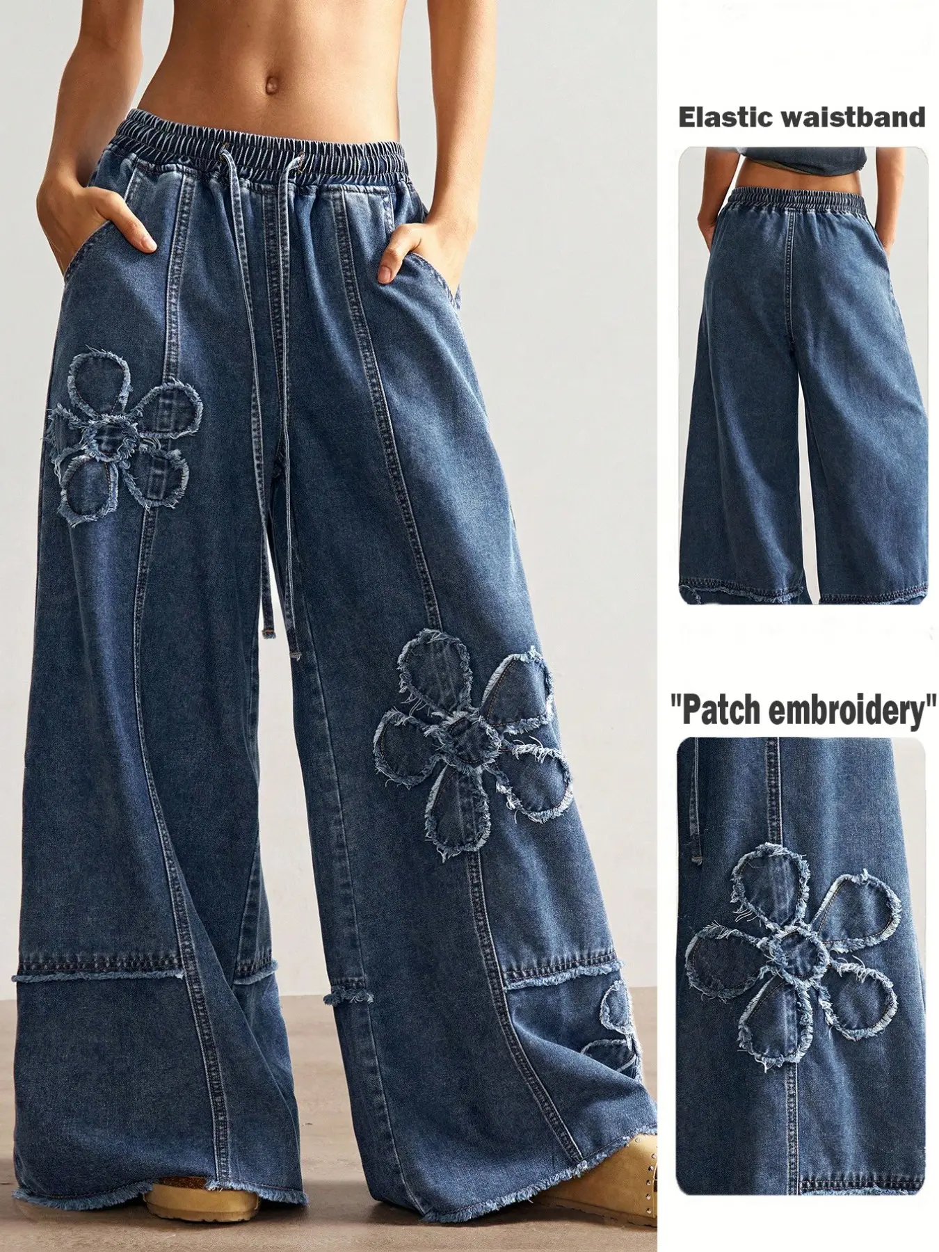Boho Style Women's Casual Wide Leg Denim Jeans, Loose Fit Baggy Jeans with Elastic Waistband, Bohemian Everyday Wear, Floral Pattern